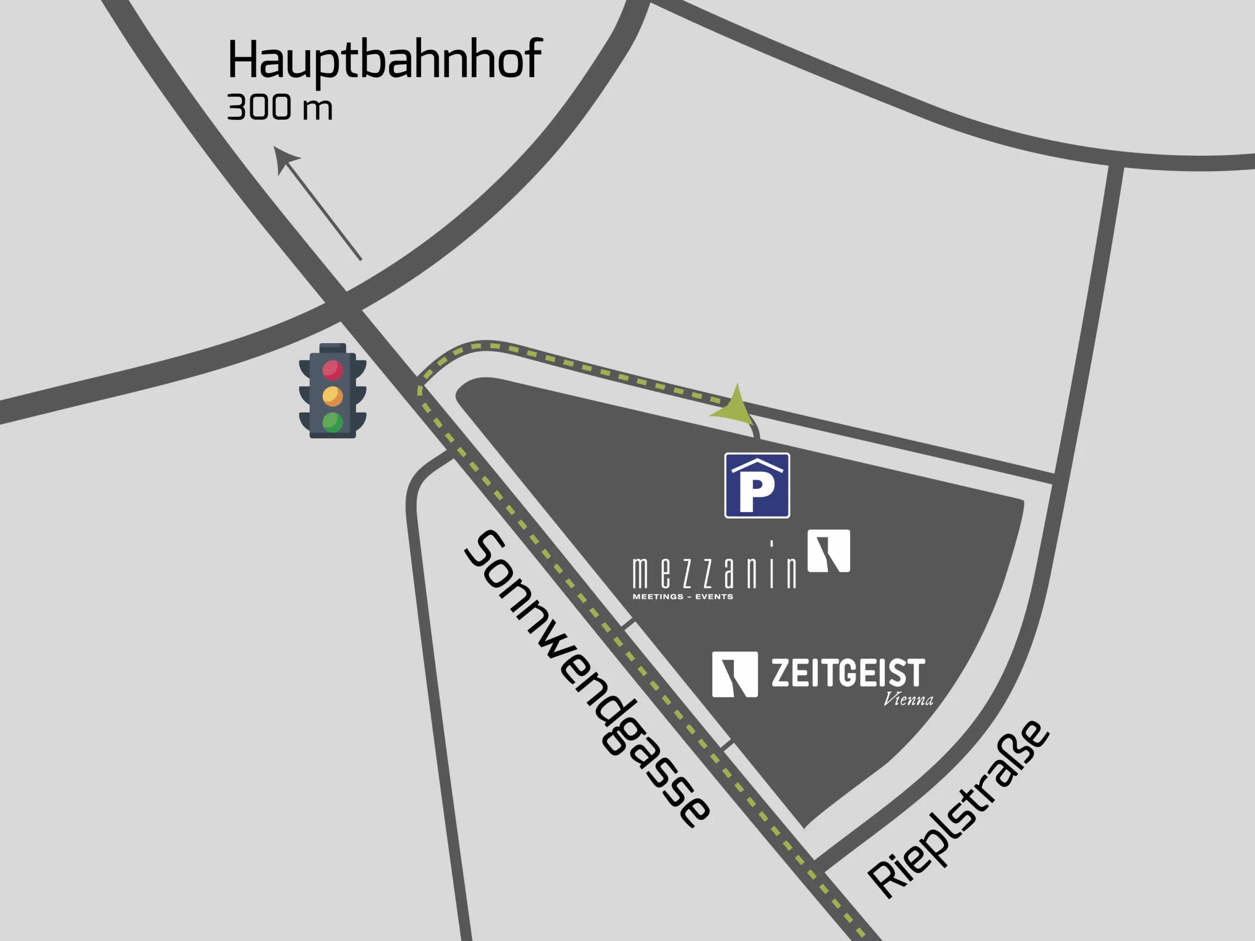 Anfahrtskarte zur Tiefgarage: Sonnwendgasse, vor der Ampel rechts