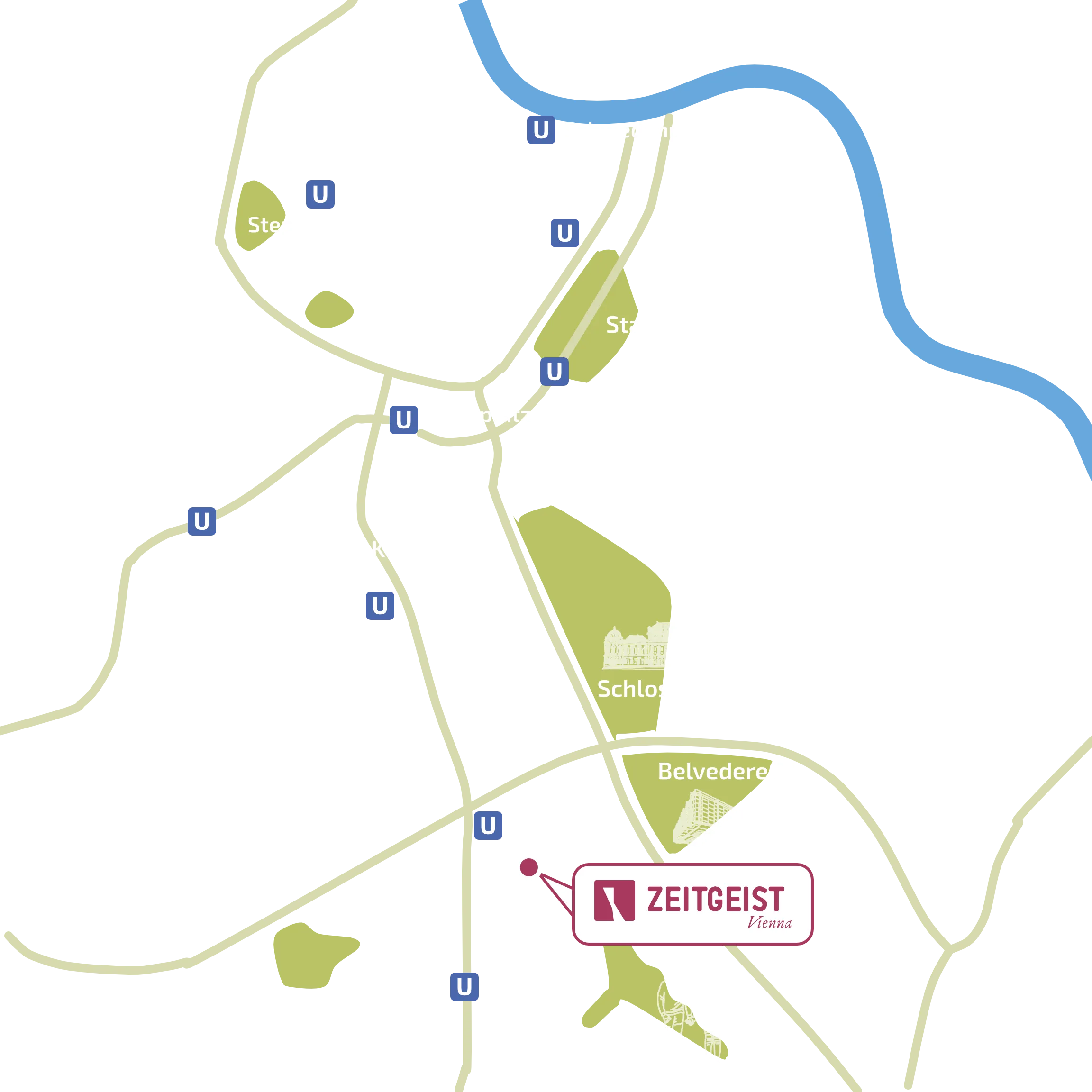 Illustrierte Karte von Wien: Innere Stadt, Sehenswürdigkeiten, Hauptbahnhof und das Hotel Zeitgeist Vienna in der Sonnwendgasse