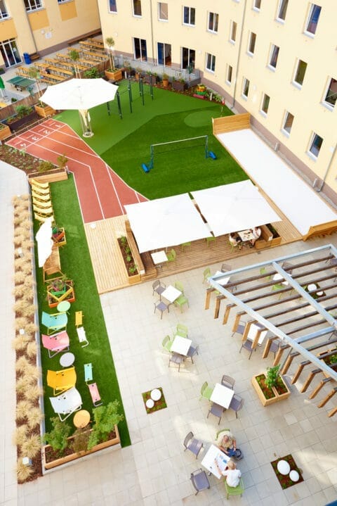 Blick auf den Gastgarten von oben im Zeitgeist Vienna